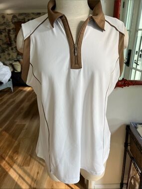 Izod White cool-fx Sleeveless Zip Polo with Brown Trim